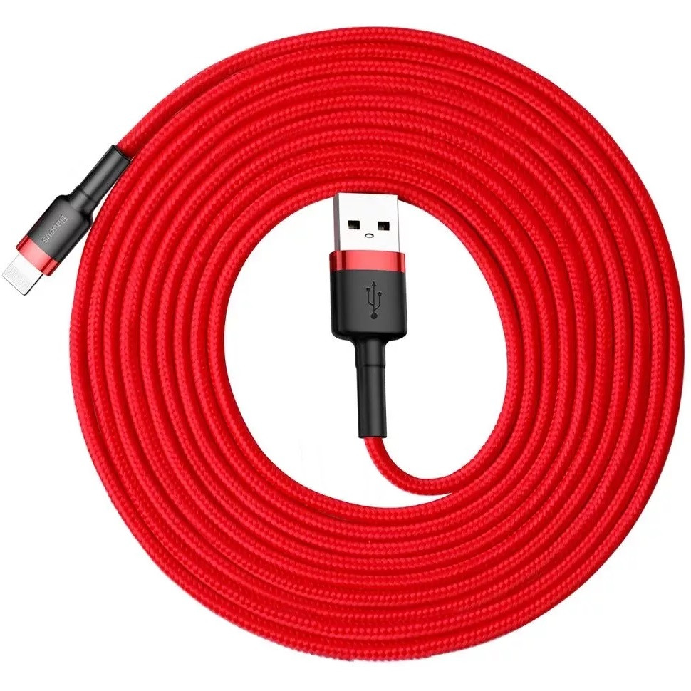 USB töltő- és adatkábel, Lightning, 300 cm, 2000 mA, törésgátlóval, gyorstöltés, cipőfűző minta, Baseus Cafule, CALKLF-R09, piros akciós termékkép 1