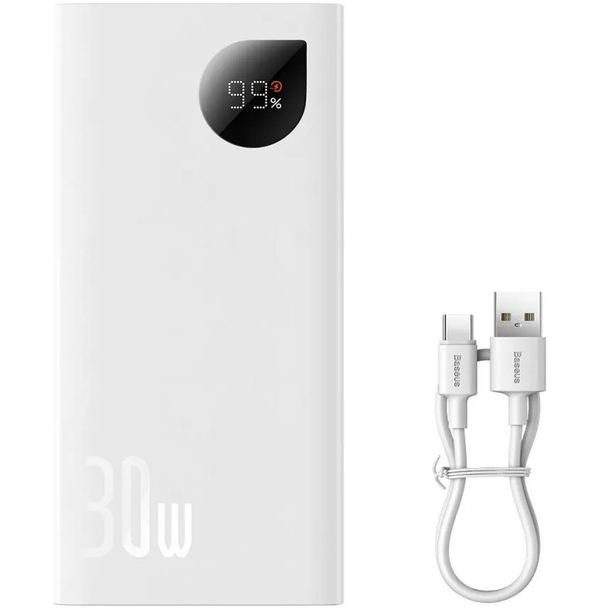 Külső akkumulátor, 10000 mAh, 30W, Okostelefonhoz és TabletPC-hez, 2 x USB aljzat, USB Type-C aljzat, USB - USB Type-C kábellel, LED kijelzővel, gyorstöltés, Baseus Adaman2 Metal, PPAD040002, fehér akciós termékkép 1