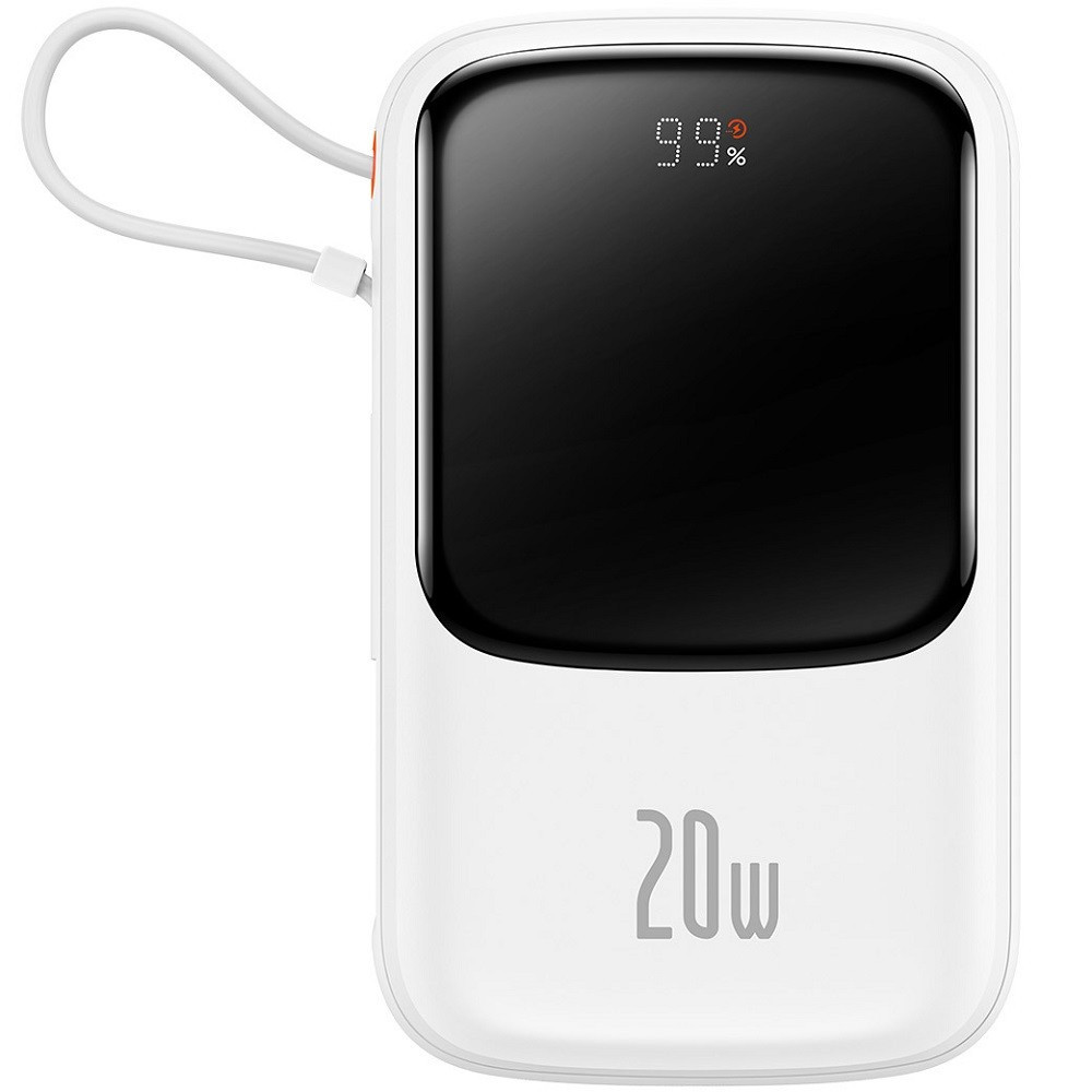Külső akkumulátor, 20000 mAh, 20W, Okostelefonhoz és TabletPC-hez, USB aljzat, USB Type-C aljzat, beépített Lightning kábellel, LED kijelzővel, gyorstöltés, Baseus QPOW, PPQD-H02, fehér akciós termékkép 1