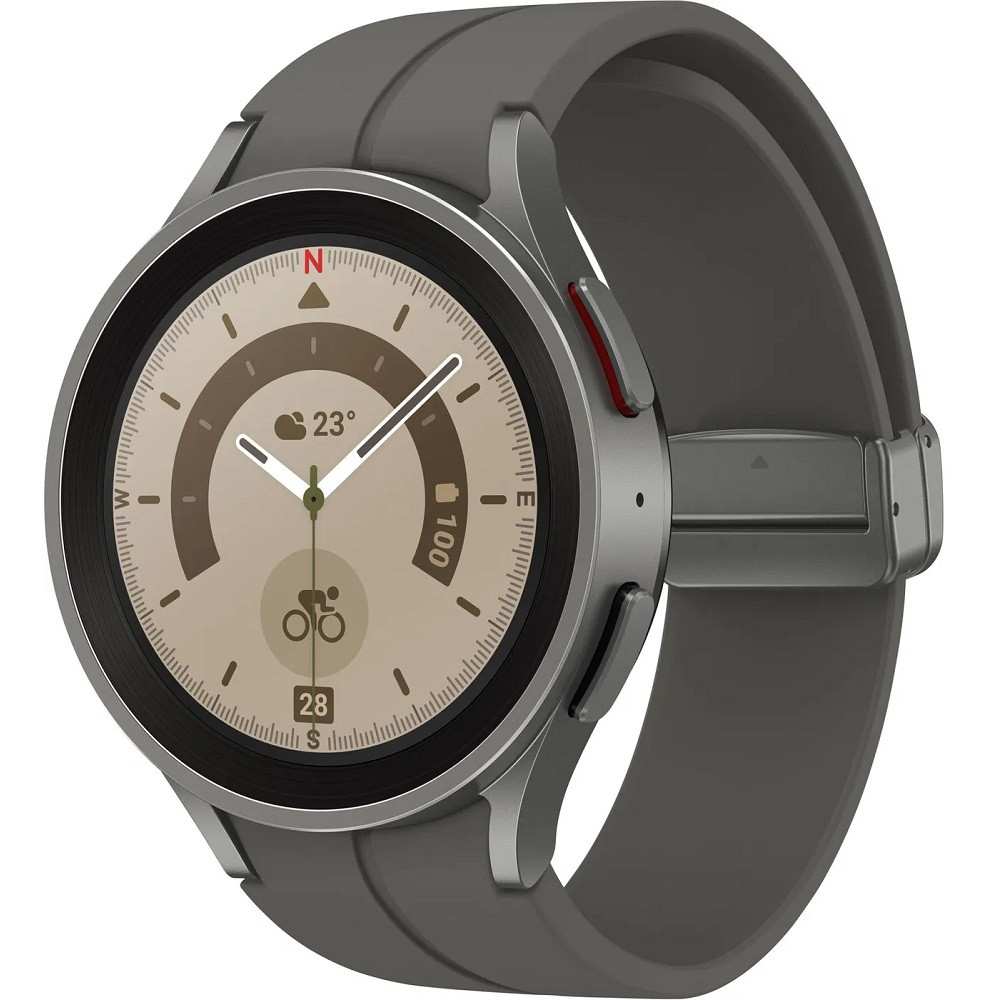 Bluetooth okosóra, szilikon szíj, titánium keret, v5.2, eSim, aktivitás és egészség mérő, vízálló, hangszóró, Samsung Galaxy Watch 5 Pro (45mm) SM-R925 (LTE), szürke, gyári akciós termékkép 1