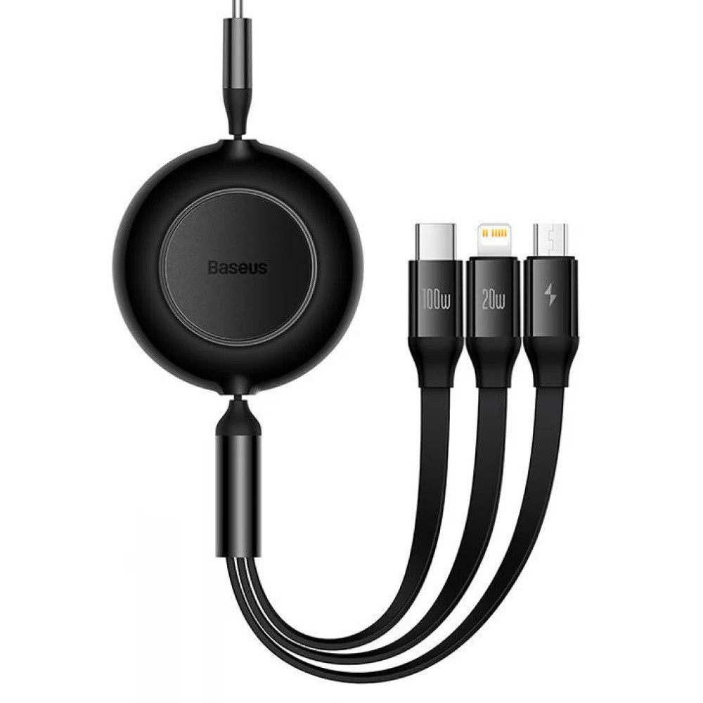 USB Type-C töltő- és adatkábel 3in1, USB Type-C, Lightning, microUSB, 110 cm, 100W, 3500 mA, gyorstöltés, lapos, feltekerhető, Baseus Bright Mirror 2, CAMJ010201, fekete akciós termékkép 1