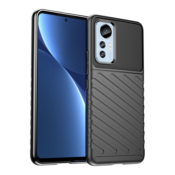 Xiaomi 12 Lite, Szilikon tok, közepesen ütésálló, domború csíkos minta, fekete akciós termékkép 1