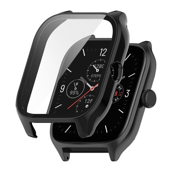 Amazfit GTS 4, Műanyag védőkeret, kijelzővédő üveggel, közepesen ütésálló, szíj nélkül, fekete akciós termékkép 1