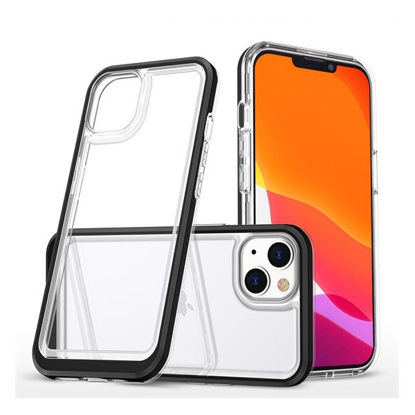 Apple iPhone 14, Szilikon tok + műanyag keret, akril hátlap, közepesen ütésálló, átlátszó/fekete akciós termékkép 1