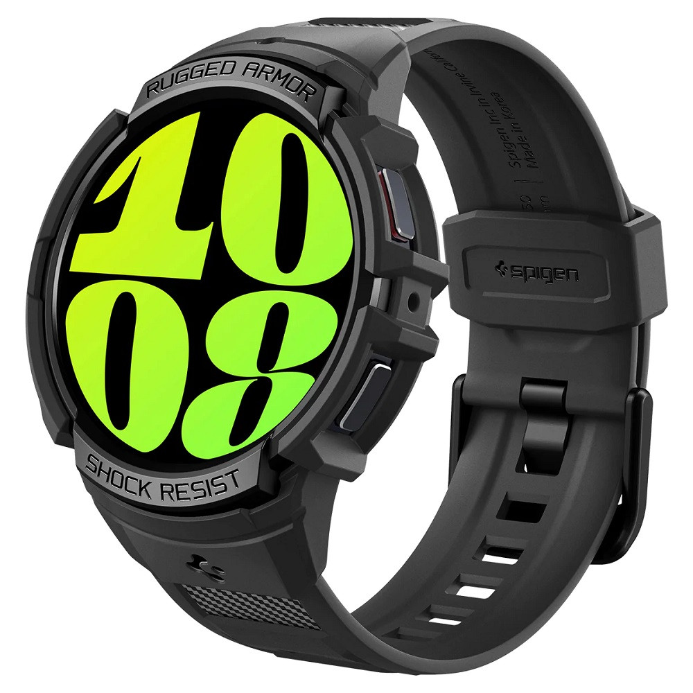 Samsung Galaxy Watch 6 (44mm) SM-R940 / R945, Szilikon védőkeret, ütésálló, szíjjal, Spigen Rugged Armor Pro, fekete akciós termékkép 1