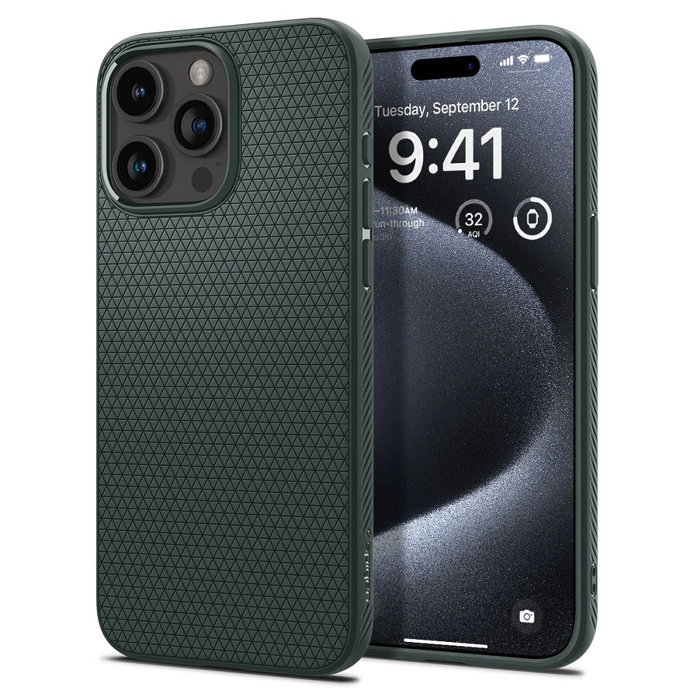 Apple iPhone 15 Pro, Szilikon tok, Spigen Liquid Air, háromszög minta, sötétzöld akciós termékkép 1