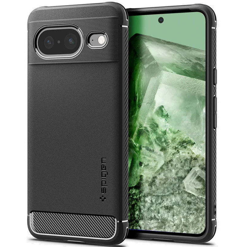 Google Pixel 8, Szilikon tok, Spigen Rugged Armor, karbon minta, fekete akciós termékkép 1