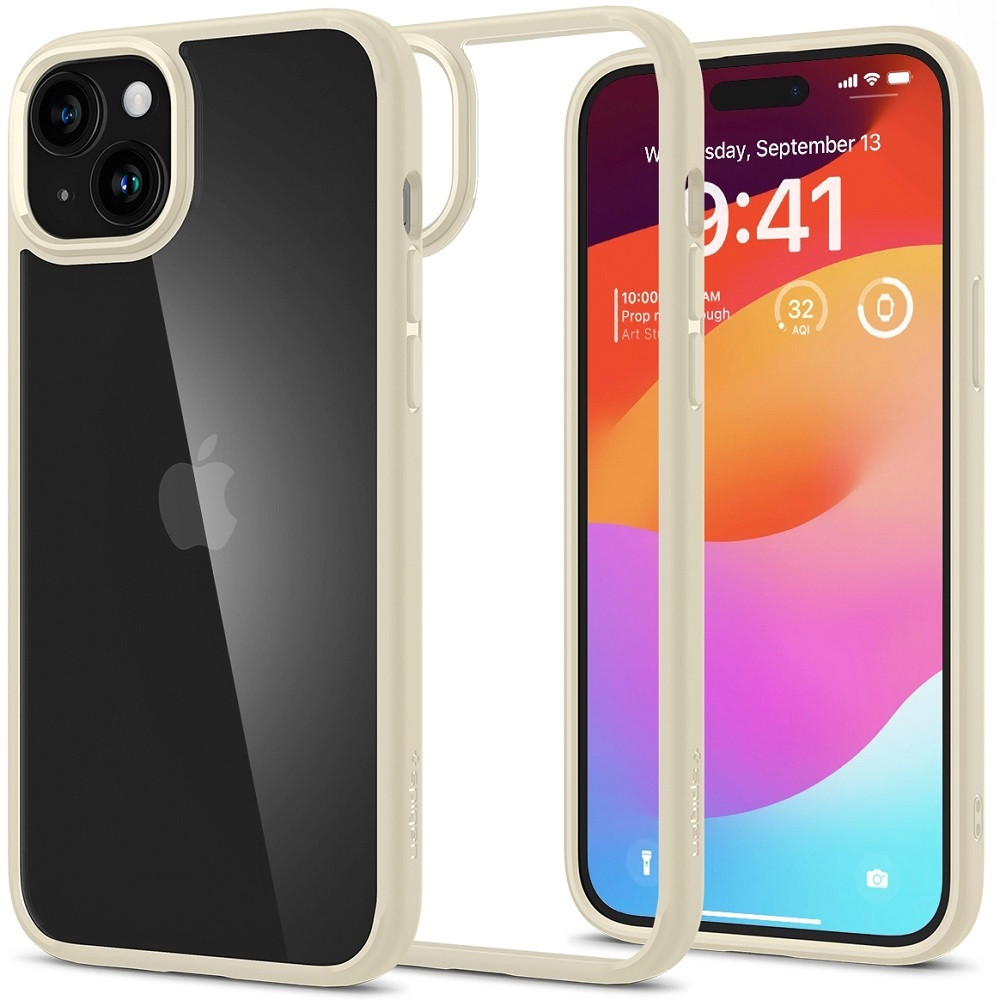 Apple iPhone 15 Plus, Szilikon tok + műanyag keret, közepesen ütésálló, Spigen Crystal Hybrid, átlátszó/homok-beige akciós termékkép 1