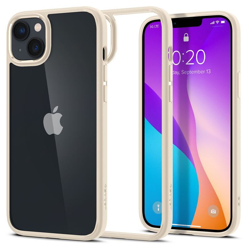 Apple iPhone 14 Plus, Szilikon tok + műanyag keret, közepesen ütésálló, Spigen Crystal Hybrid, átlátszó/homok-beige akciós termékkép 1