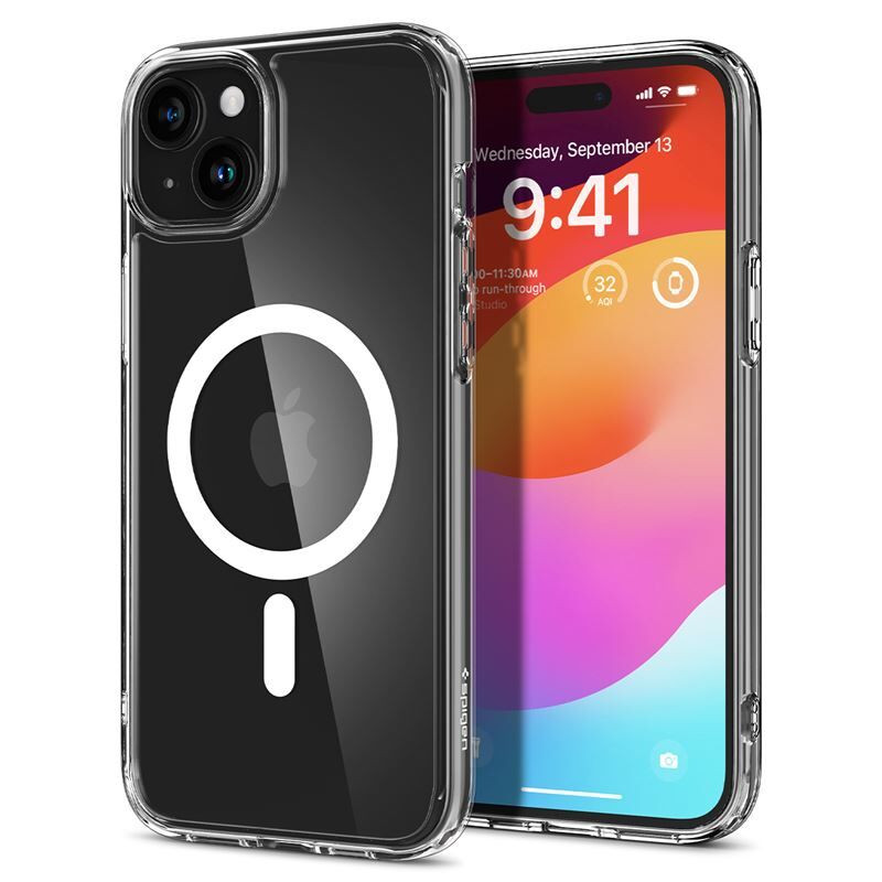 Apple iPhone 15, Szilikon tok + műanyag keret, közepesen ütésálló, Magsafe töltővel kompatibilis, Spigen Crystal Hybrid Mag, átlátszó/fehér akciós termékkép 1