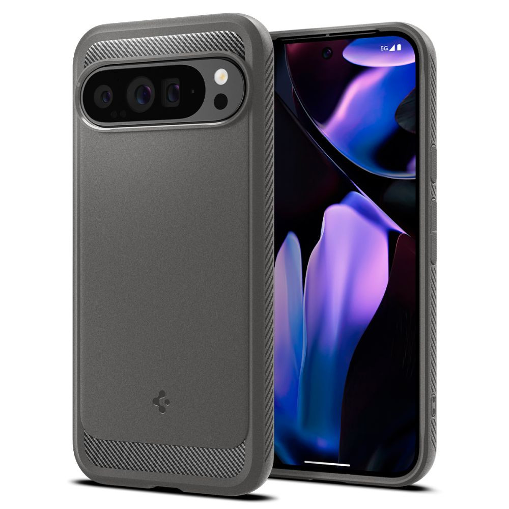 Google Pixel 9 Pro XL, Szilikon tok, Spigen Rugged Armor, karbon minta, szürke akciós termékkép 1