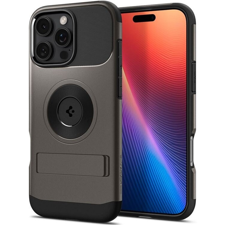 Apple iPhone 16 Pro, Szilikon tok, műanyag hátlappal, kitámasztóval, Magsafe töltővel kompatibilis, Spigen Slim Armor Mag, sötétszürke akciós termékkép 1