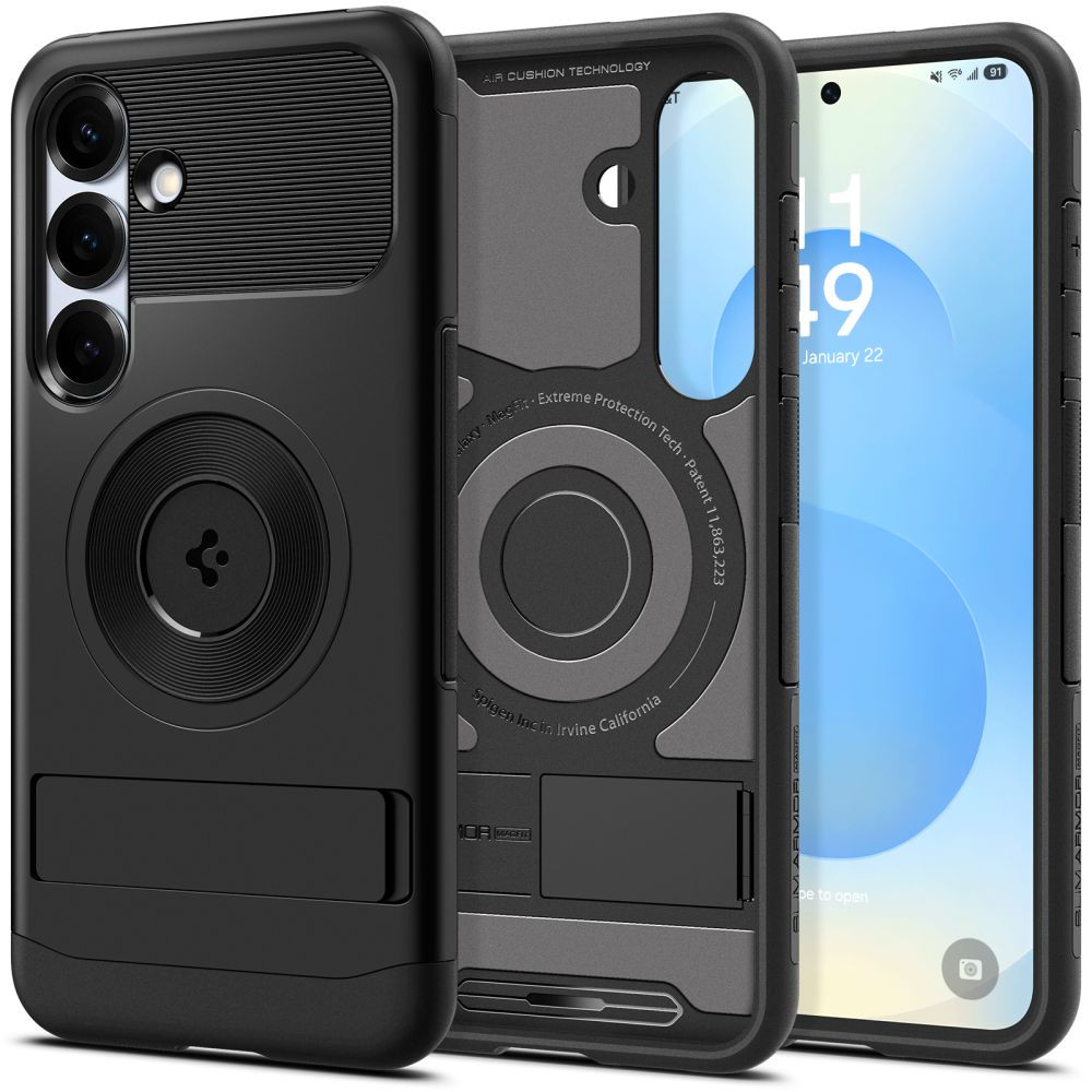 Samsung Galaxy S25 SM-S931, Szilikon tok, műanyag hátlappal, kitámasztóval, Magsafe töltővel kompatibilis, Spigen Slim Armor Mag, fekete akciós termékkép 1