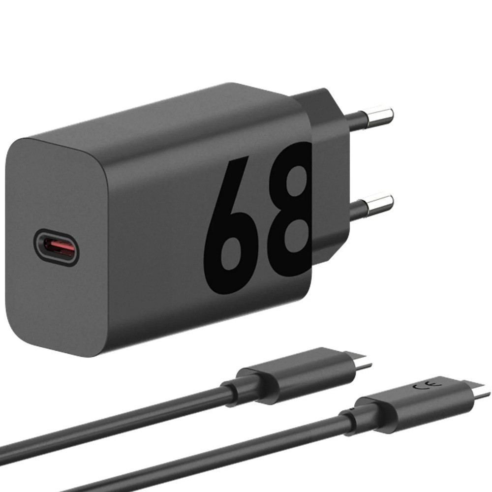Hálózati töltő adapter, 68W, USB Type-C aljzat, USB Type-C - USB Type-C kábellel, PD, GaN, gyorstöltés, Motorola TurboPower, fekete, gyári akciós termékkép 1