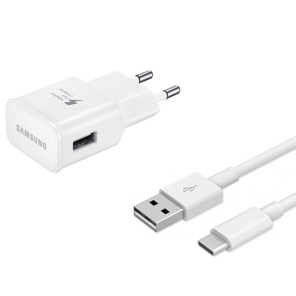 Hálózati töltő adapter, 5V / 1550 mAh, USB aljzat, USB Type-C kábellel, gyorstöltés, Samsung, gyári, fehér akciós termékkép 1