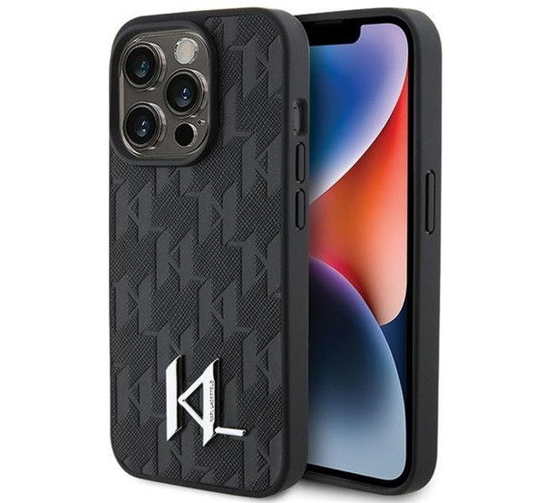 Karl Lagerfeld Leather Monogram Hot Stamp Metal Apple iPhone 15 Pro Max hátlap tok, fekete akciós termékkép 1