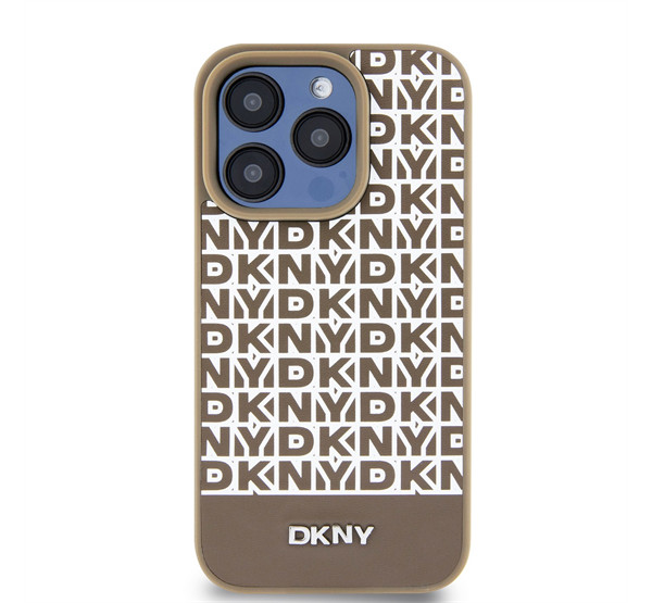 DKNY PU Leather Repeat Pattern Bottom Stripe Apple Iphone 15 Pro Magsafe kompatibilis hátlap tok, barna akciós termékkép 1