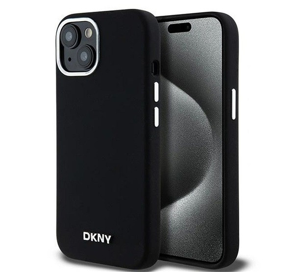 DKNY Liquid Silicone Silver Metal Logo Magsafe iPhone 15 hátlap tok, fekete akciós termékkép 1