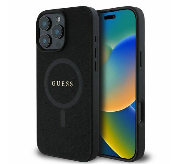 Guess Saffiano Classic Logo Apple iPhone 16 Pro Magsafe kompatibilis hátlap tok, fekete akciós termékkép 1