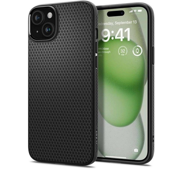 Apple iPhone 16 Plus, Szilikon tok, Spigen Liquid Air, háromszög minta, fekete akciós termékkép 1