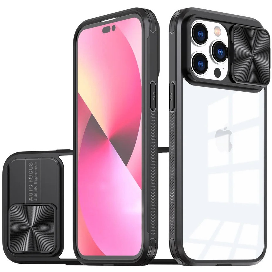 Apple iPhone 16 Pro, Műanyag hátlap + szilikon keret, átlátszó akril hátlap, kamera védelem, Wooze Trendy, fekete akciós termékkép 1