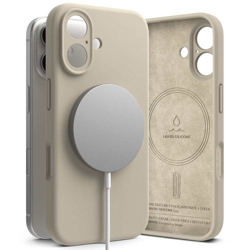 Apple iPhone 16, Szilikon tok, mikrofiber belső, közepesen ütésálló, Magsafe kompatibilis, Ringke Silicone Magnetic, tört-fehér akciós termékkép 1