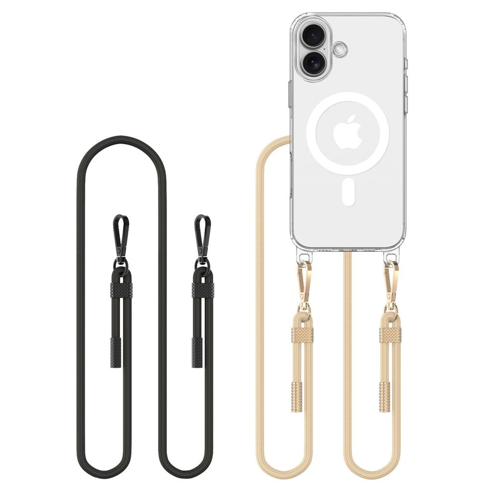 Apple iPhone 16, Szilikon védőkeret + műanyag hátlap, nyakbaakasztó, Magsafe töltővel kompatibilis, FlexAir Chain Magsafe, átlátszó (fekete, beige) akciós termékkép 1