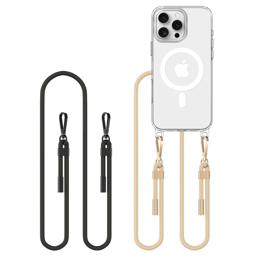 Apple iPhone 16 Pro, Szilikon védőkeret + műanyag hátlap, nyakbaakasztó, Magsafe töltővel kompatibilis, FlexAir Chain Magsafe, átlátszó (fekete, beige) akciós termékkép 1