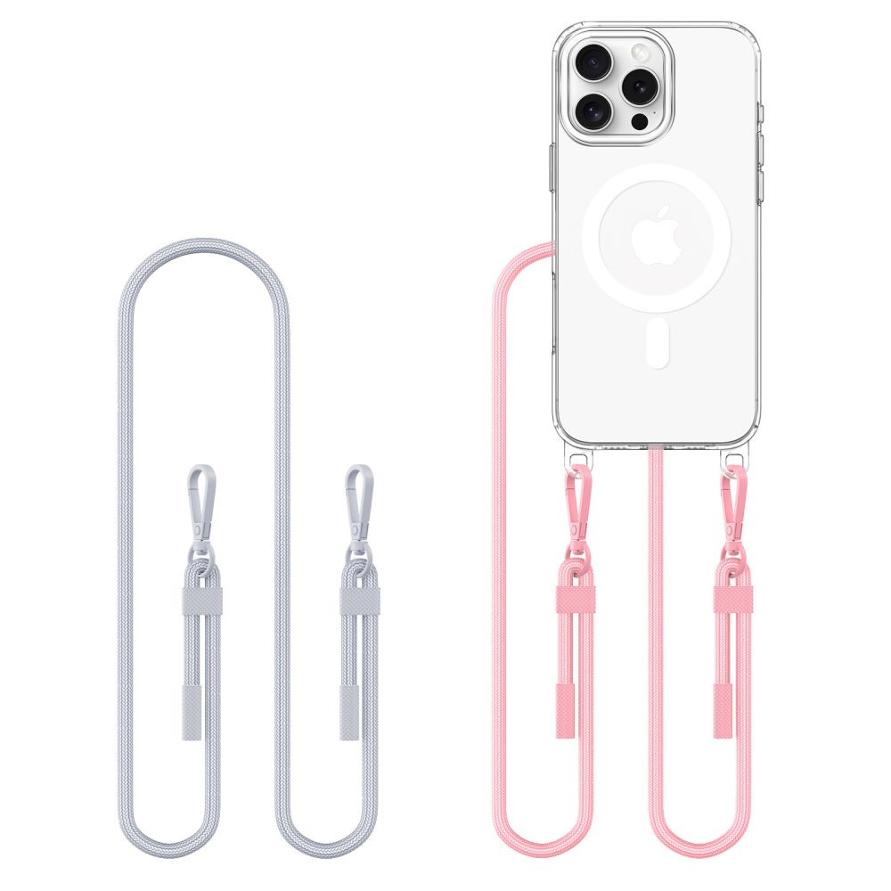 Apple iPhone 16 Pro, Szilikon védőkeret + műanyag hátlap, nyakbaakasztó, Magsafe töltővel kompatibilis, FlexAir Chain Magsafe, átlátszó (szürke, rózsaszín) akciós termékkép 1