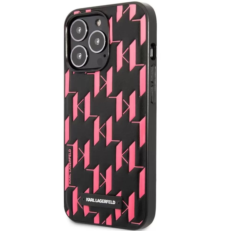 Apple iPhone 13 Pro, Műanyag hátlap védőtok, Monogram minta, Karl Lagerfeld Monogram Plague, fekete/rózsaszín