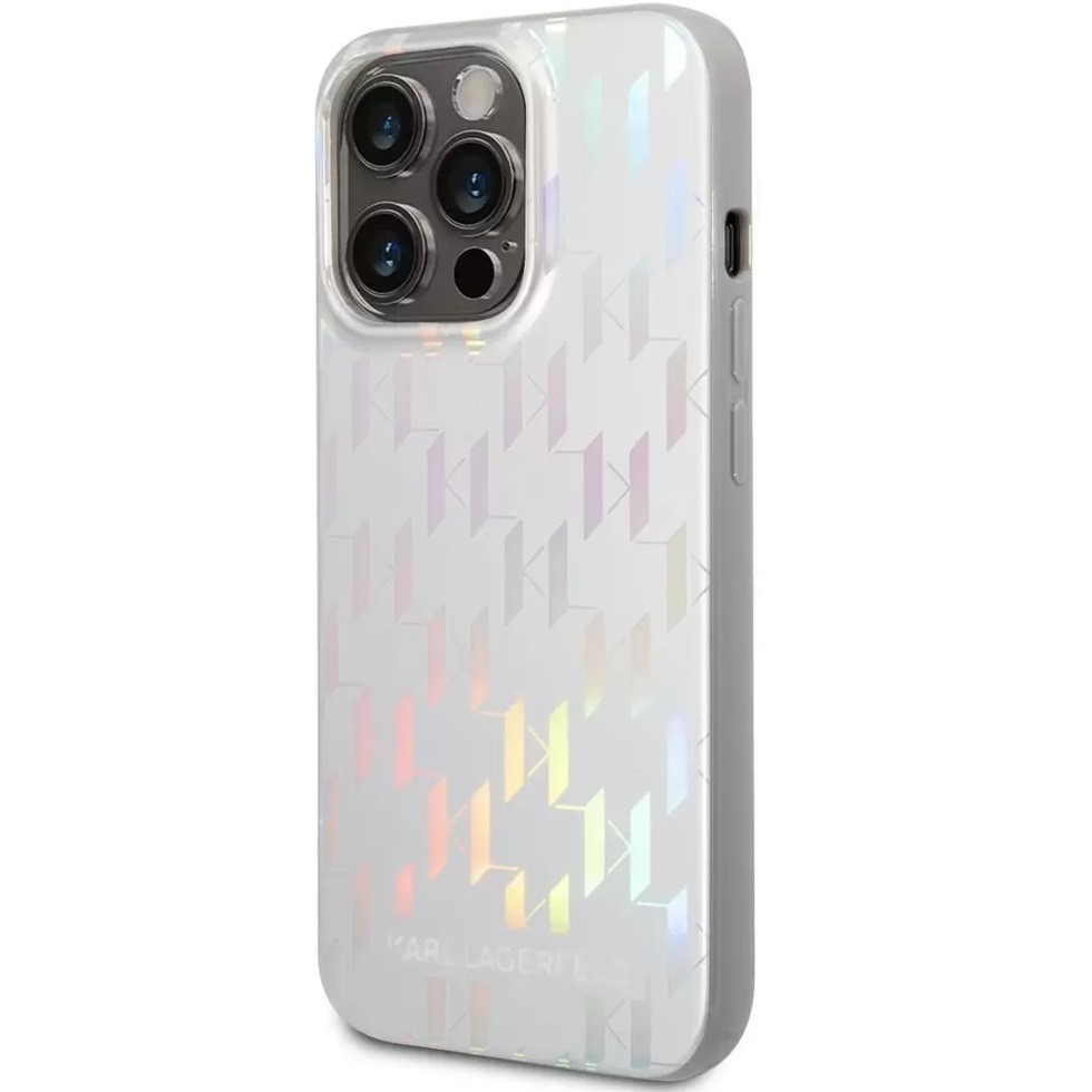 Apple iPhone 14 Pro Max, Műanyag hátlap védőtok + szilikon keret, színváltós monogram minta, Karl Lagerfeld Monogram Iridescent, ezüst